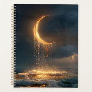Agenda Lua do Crescente Ouro Surreal acima do oceano