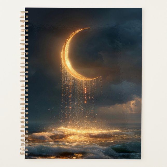 Agenda Lua do Crescente Ouro Surreal acima do oceano (Frente)