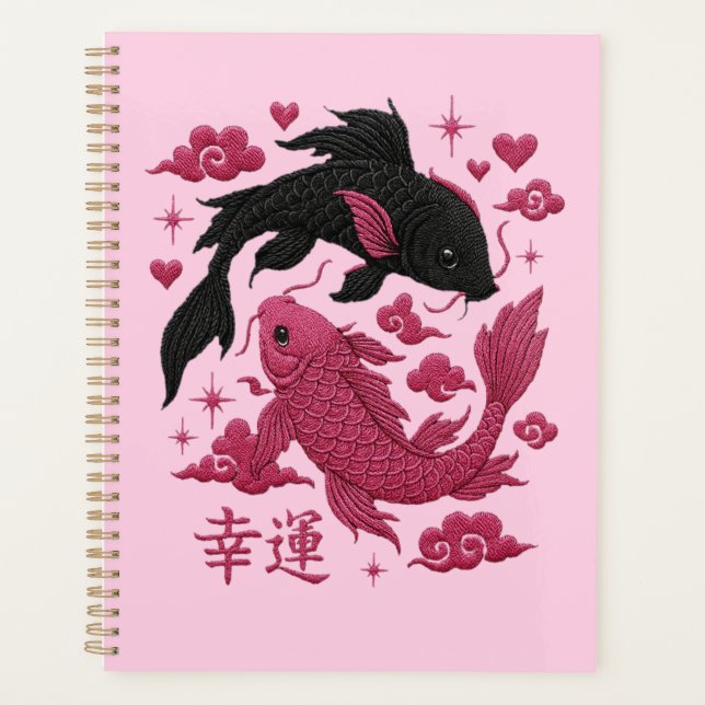 Agenda Lucky Koi Yin-Yang Embroidery | Black & Pink Aesth (Frente)