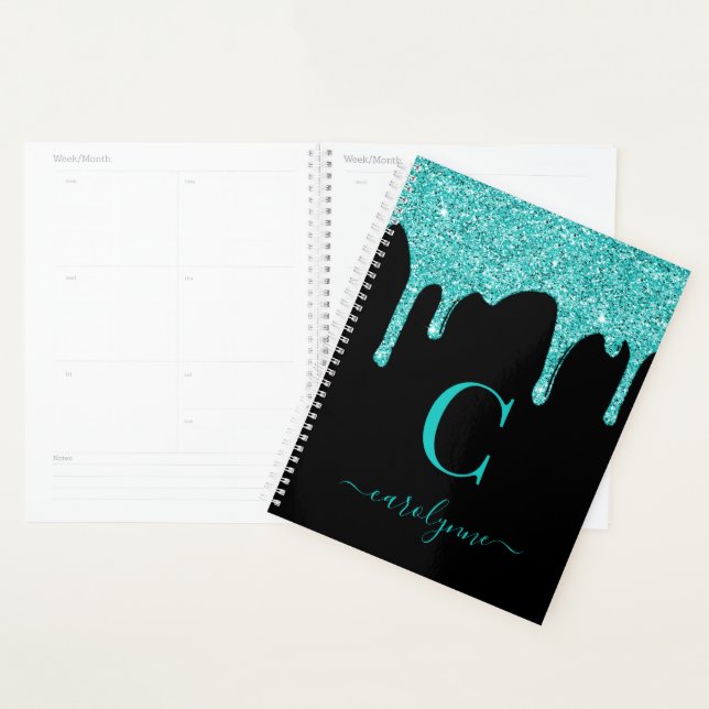 Agenda Luminária Chic Black Teal Glitter Derrubando Luxo (Exibição)