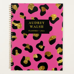 Agenda Luxo de Impressão de Fuchsia Leopard Dourada com b