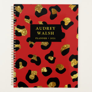 Agenda Luxo de impressão vermelho-leopardo Dourado com br