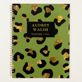 Agenda Luxo Impresso Verde Leopardo Verde Dourado com bri