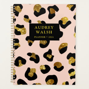 Agenda Luxo-Leopardo Rosa-Rosa Dourado com brilho