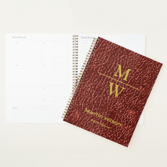 Agenda Luxo Vermelho Elegante Monograma Luxo Dourado (Exibição)