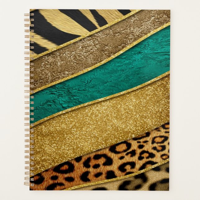 Agenda Luxury Emerald & Gold Safari Leopard Zebra Glitter (Frente)