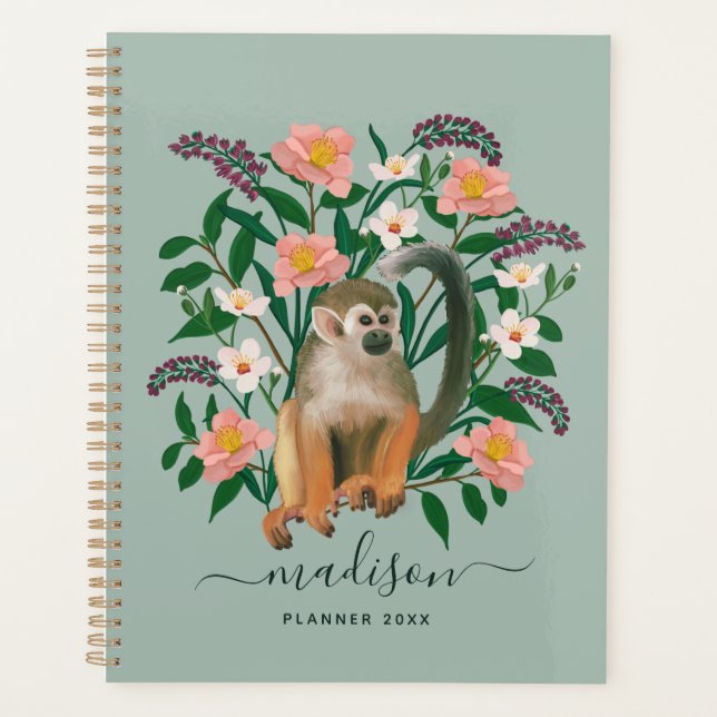 Agenda Macaco Floral Verde Sage Monograma 2023 (Frente)
