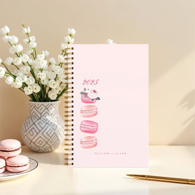 Agenda Macarão francês cor-de-rosa-flor-impermeável (Elegant Watercolor Floral Pink French Macaron Planner)