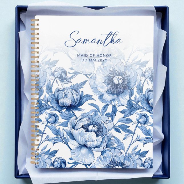 Agenda Madrinha de casamento de Script de Padrão Floral A (Elegant Blue Floral Pattern Script Maid of Honor Planner)