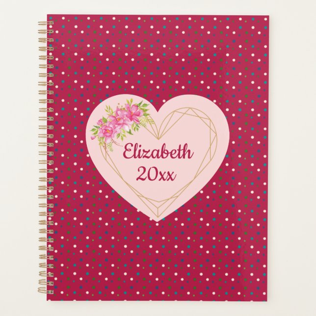 Agenda Magenta Floral Golden Heart Personalized Planner (Frente)