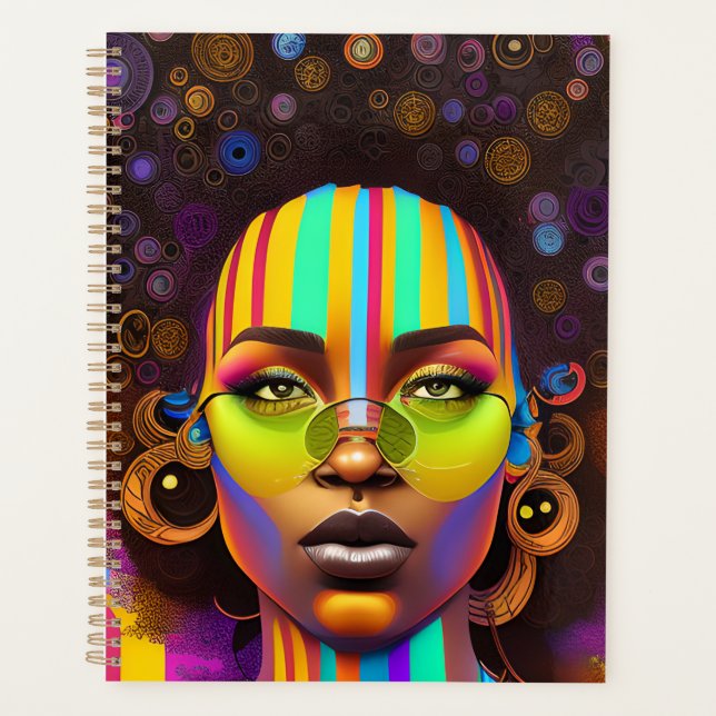 Agenda Magia negra, mulher melanina, arco-íris pastel (Frente)