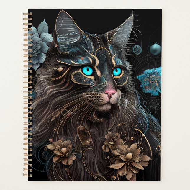 Agenda Magia steampunk Maine Coon cat e flores Arte AI (Frente)