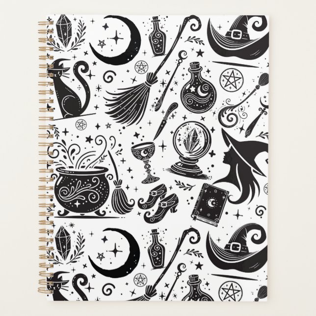 Agenda Mágica Bruxa Whimsical Wiccan Pagan Black & White (Frente)