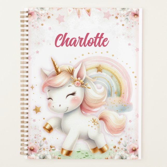 Agenda Magical Rainbow Pink Unicorns Spiral Notebook wate (Frente)