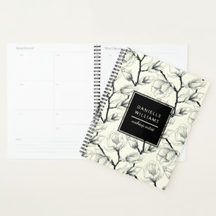 Agenda Magnolia Botânica Elegante Preta e Esbranquiçada