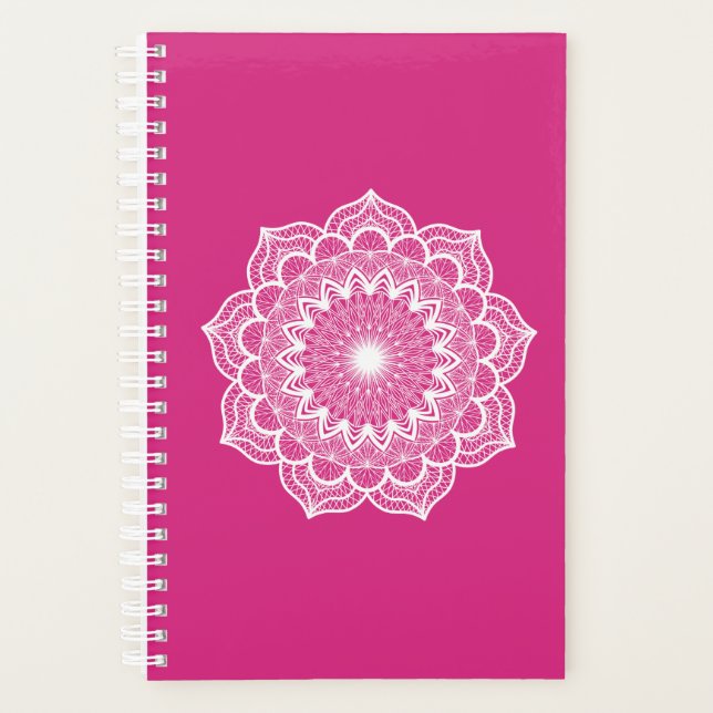 Agenda Mandala Branco em Fundo Rosa (Frente)