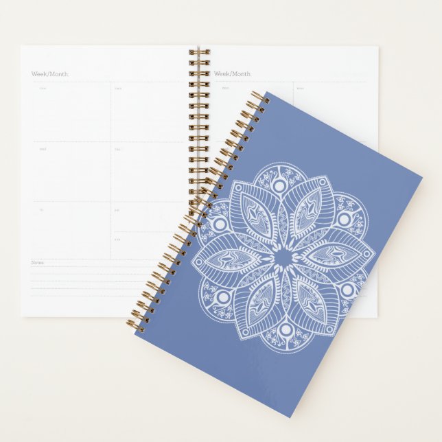 Agenda Mandala Branco Exótico em Fundo Azul (Exibição)