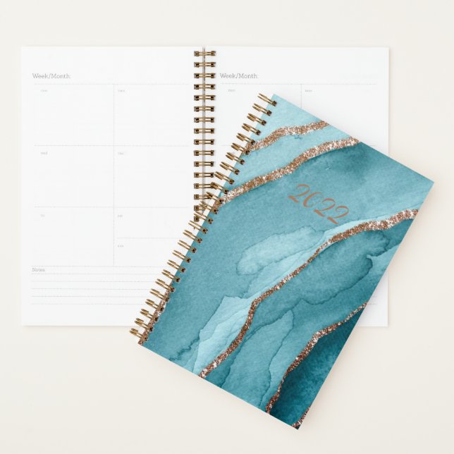 Agenda Marble Azul Teal Dourado 2022 Personalizado Semana (Exibição)