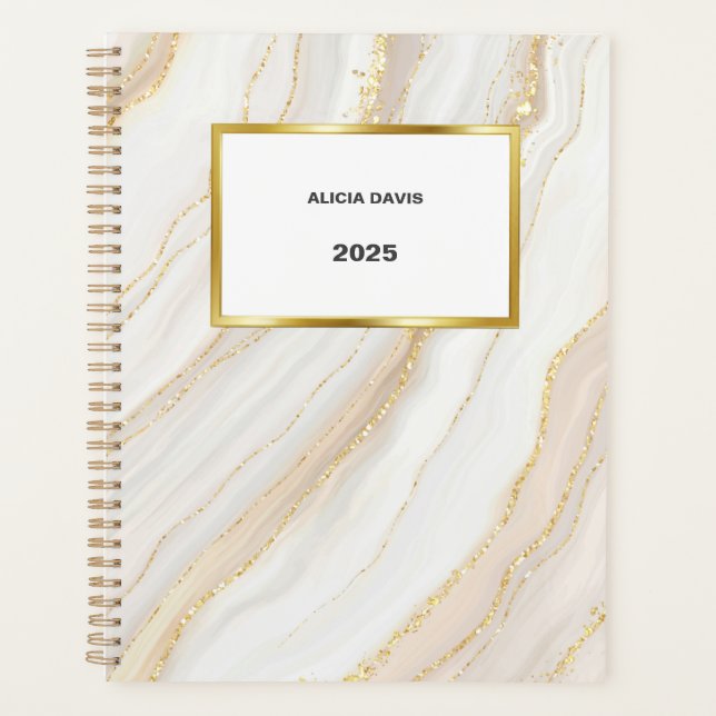 Agenda Marble branco e Dourado | seu nome (Frente)
