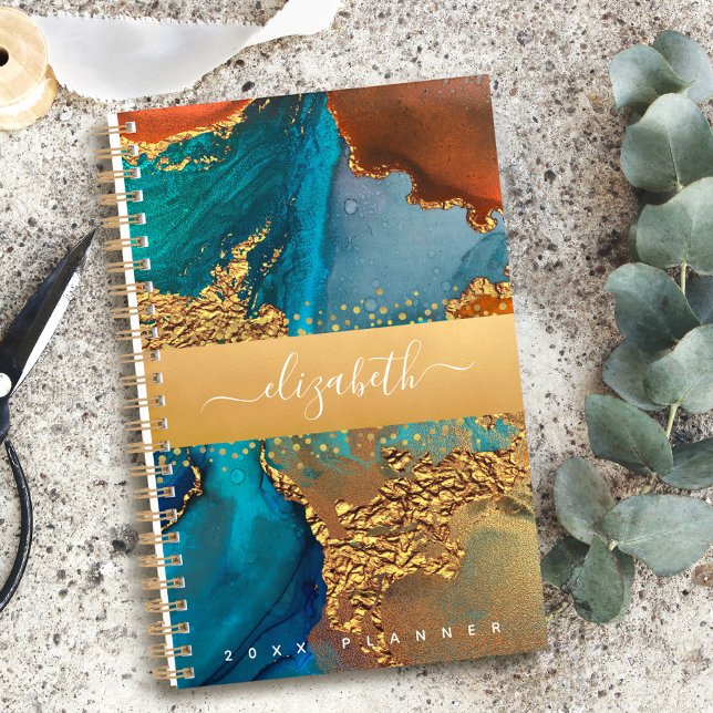 Agenda Marble watercolor gold turquoise orange (Criador carregado)