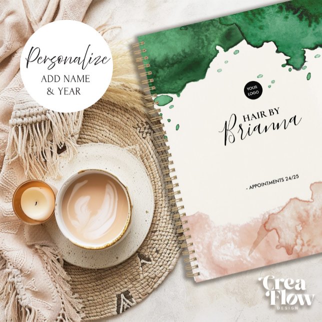 Agenda Marcação de Compromisso Comercial Elegante Waterco (Elegant Business appointment book with Green and Blush pink watercolor front and back cover)