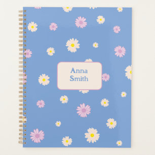 Agenda Margaridas Amarelas Roxas em Azul em Padrão Floral