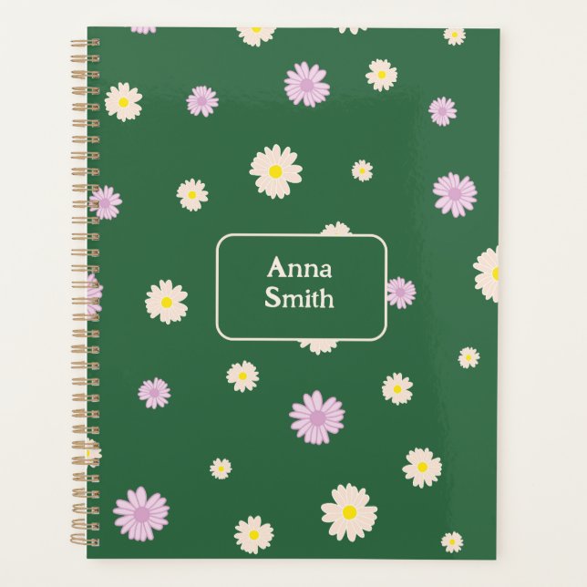 Agenda Margaridas Amarelas Roxas em Verde em Padrão Flora (Frente)
