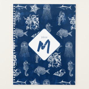 Agenda Marinho Azul Aquarela Oceano Monograma de Animais 