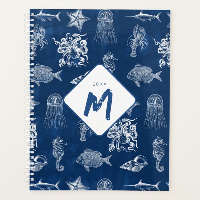 Agenda Marinho Azul Aquarela Oceano Monograma de Animais  (Frente)