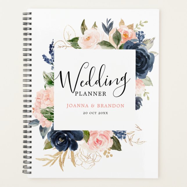 Agenda Marinho Azul Blush Rosa Rosa Boho Casamento (Frente)