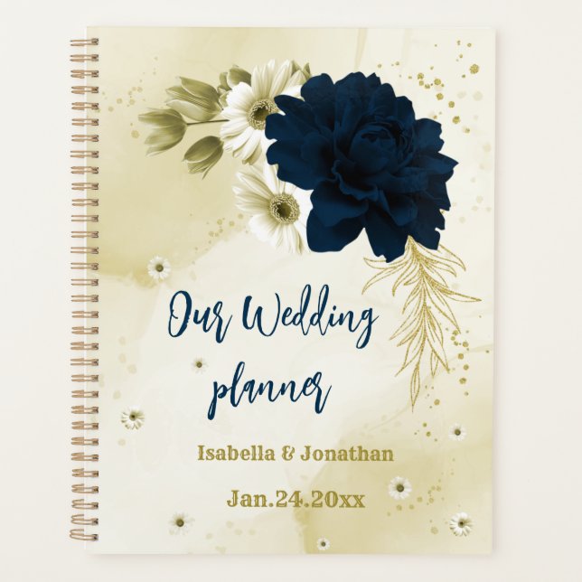Agenda marinho azul marfim dourado flores do casamento (Frente)