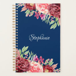 Agenda Marinho Blue Burgundy Blush Floral Personalizado