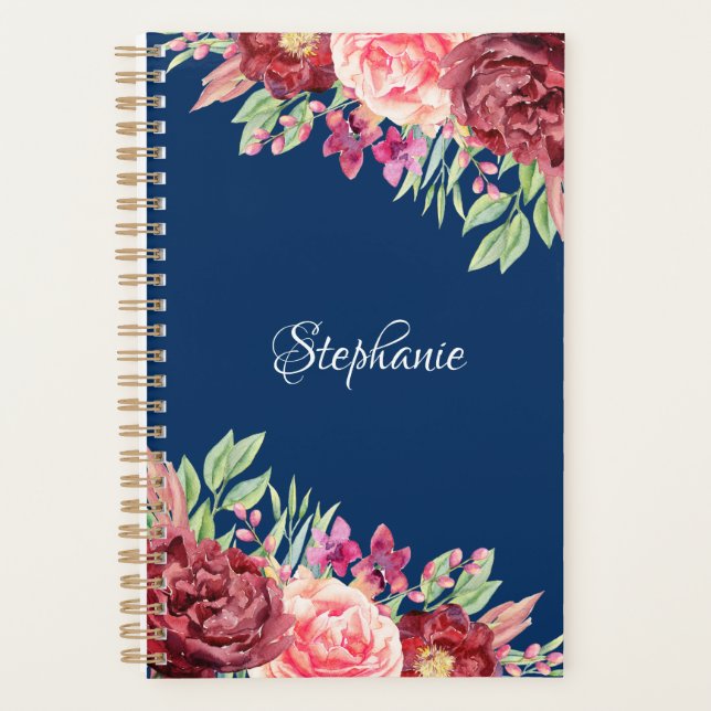 Agenda Marinho Blue Burgundy Blush Floral Personalizado (Frente)