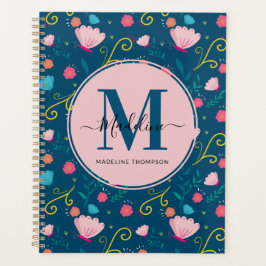 Agenda Marinho Chic Blue Pink Borboleta Flor Monograma