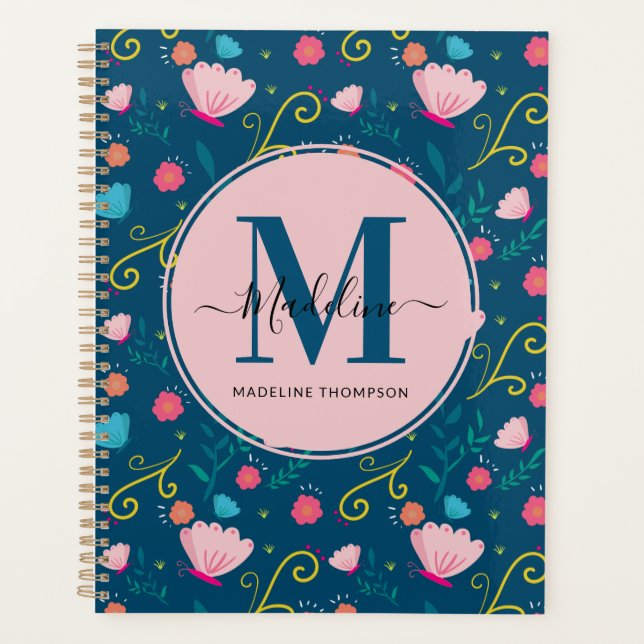 Agenda Marinho Chic Blue Pink Borboleta Flor Monograma (Frente)
