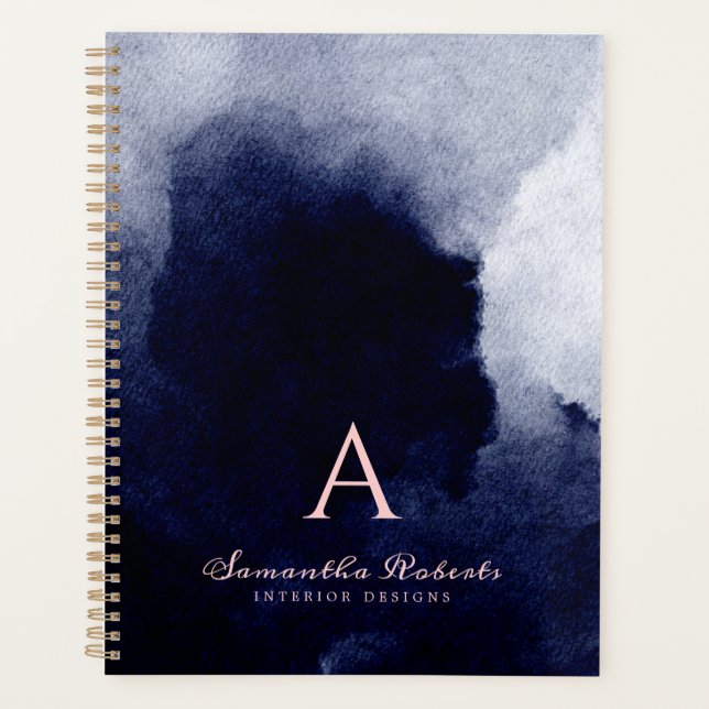 Agenda Marinho Chic Blue Watercolor Blush Monograma Rosa (Frente)