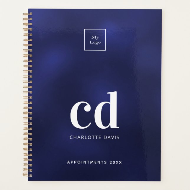 Agenda Marinho de logotipo empresa Blue White Monogramme (Frente)