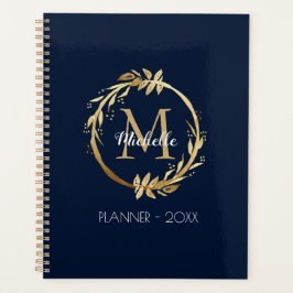 Agenda Marinho de monograma Dourado Elegante azul
