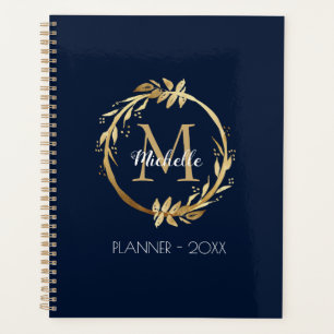 Agenda Marinho de monograma Dourado Elegante azul