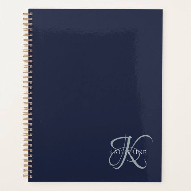 Agenda Marinho de Script Monograma Elegante Moderno Azul (Frente)