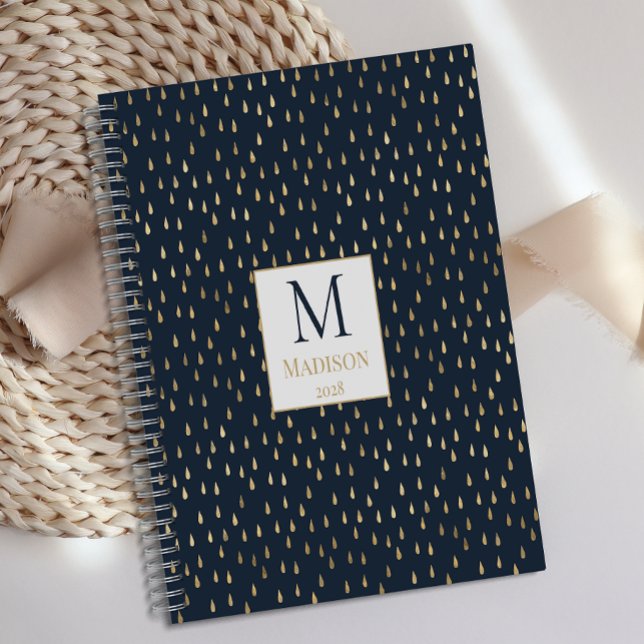 Agenda Marinho Dourado Raindrop Modern Trendy Monograma (Criador carregado)