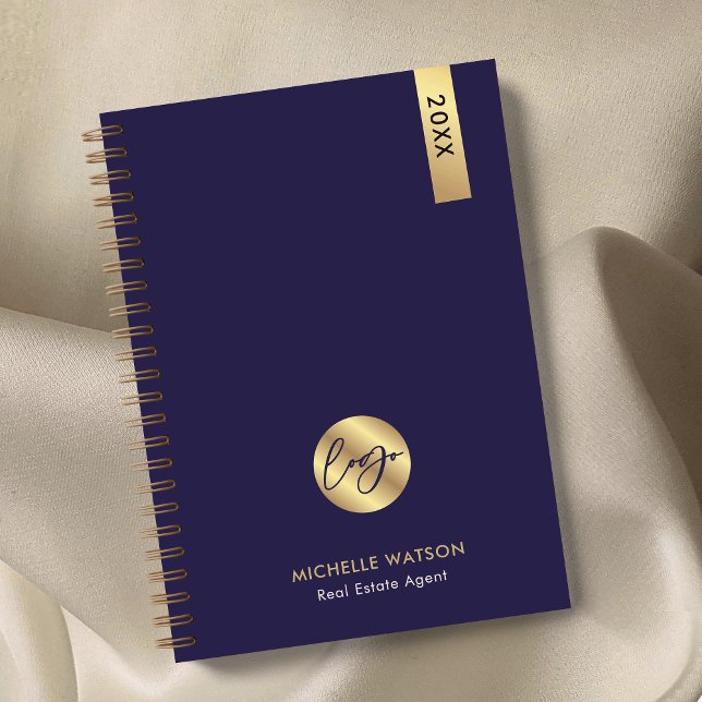 Agenda Marinho Elegante e logotipo de empresa personaliza (Elegant navy and gold logo business planner with your custom text)
