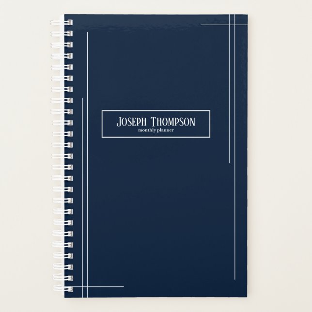 Agenda Marinho Moderno e Abstrato Branco Monograma Mensal (Frente)