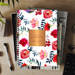 Agenda Marinho vermelho floral elegante rosa de ouro metá<br><div class="desc">Quic e planificador de aquarela profissional luxuosos, com um lindo e belo padrão de aquarelas pintado com cor-de-rosa e magenta, rosas de pénia coral e borboleta vermelha e flores com folhagem azul-oceânica profunda e com um bege brilhante que um rótulo de aspecto metálico (quadrado) de cobre. Ideal para planejadores de...</div>