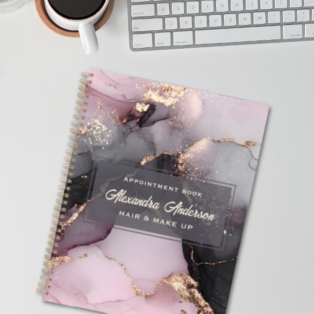 Agenda Mármaco Dourado, preto-rosa, elegante (Elegant Pink Black Gold Glitter Agate Marble Planner)