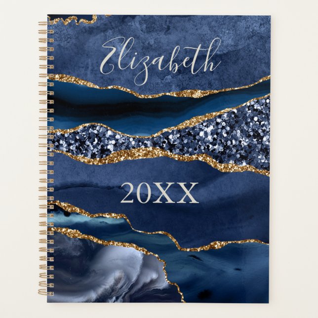 Agenda Mármore Ágata Nome Monogramado Dourado Azul Brilho (Frente)