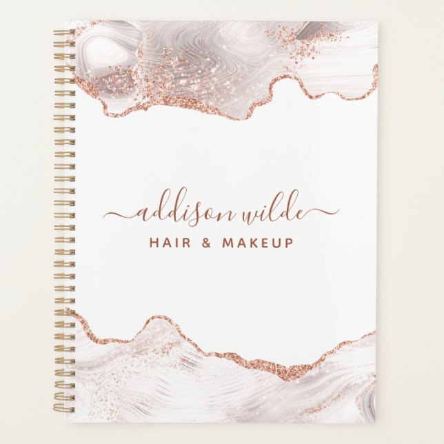 Agenda Mármore Branco Chic Ágata Dourado Rosa Brilho (Frente)