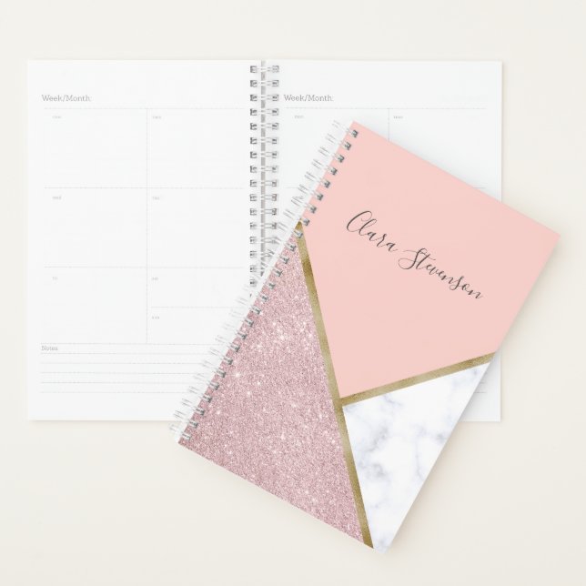 Agenda Mármore branco de ouro-rosa geométrico elegante (Exibição)