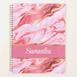 Agenda Mármore de folha rosa e dourada personalizado eleg