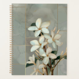 Agenda Mármore de Linha Dourada Flor de Magnólia Branca